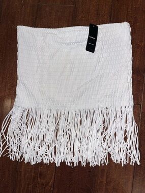 bebe White Strapless Fringe Knit Top